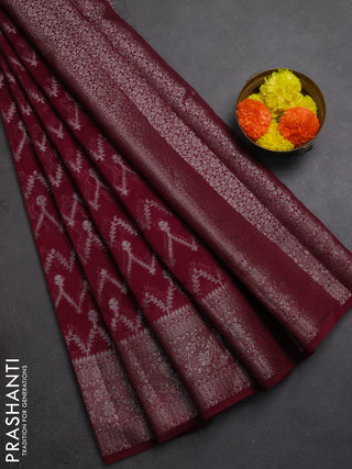Semi chiniya silk saree wine shade with allover thread & zari weaves and woven border
