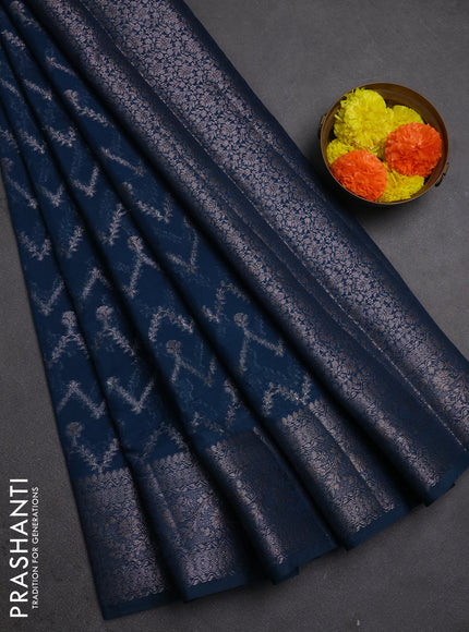 Semi chiniya silk saree peacock blue with allover thread & zari weaves and woven border