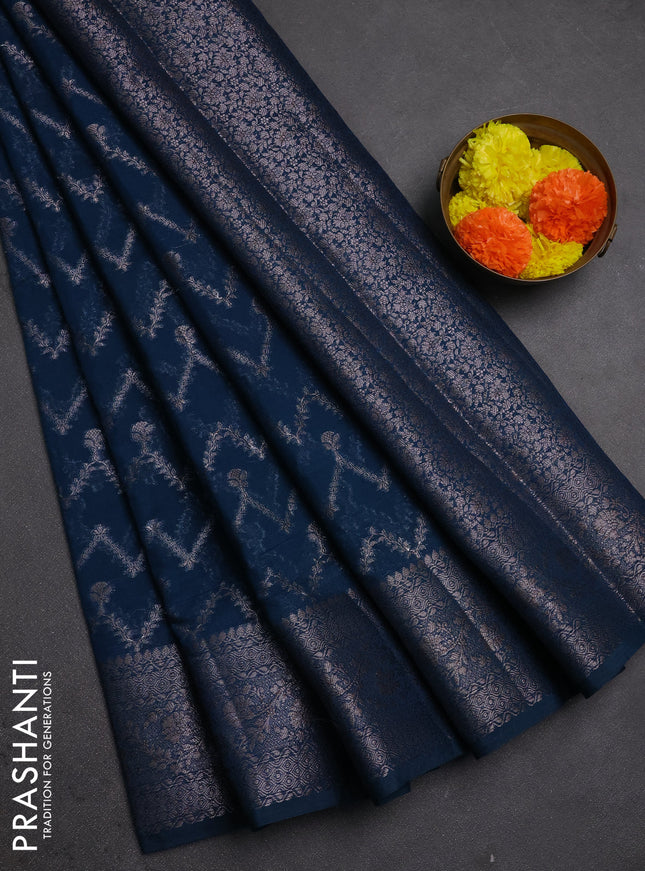 Semi chiniya silk saree peacock blue with allover thread & zari weaves and woven border