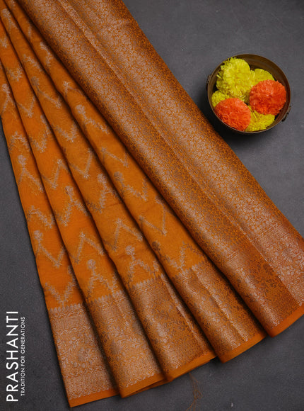 Semi chiniya silk saree mango yellow with allover thread & zari weaves and woven border