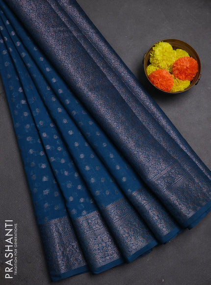 Semi chiniya silk saree cs blue with allover thread & zari woven buttas and woven border