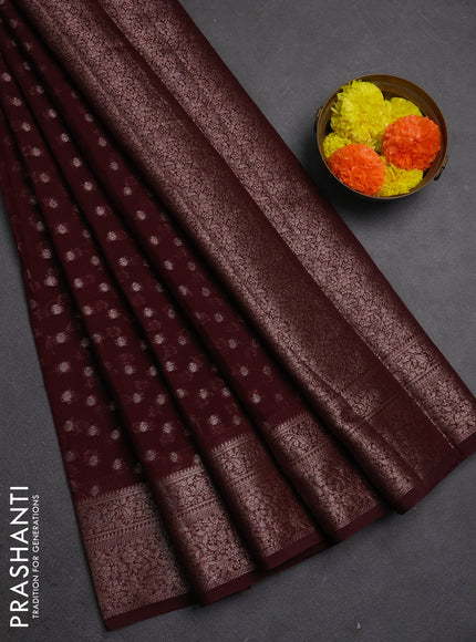 Semi chiniya silk saree deep wine with allover thread & zari woven buttas and woven border