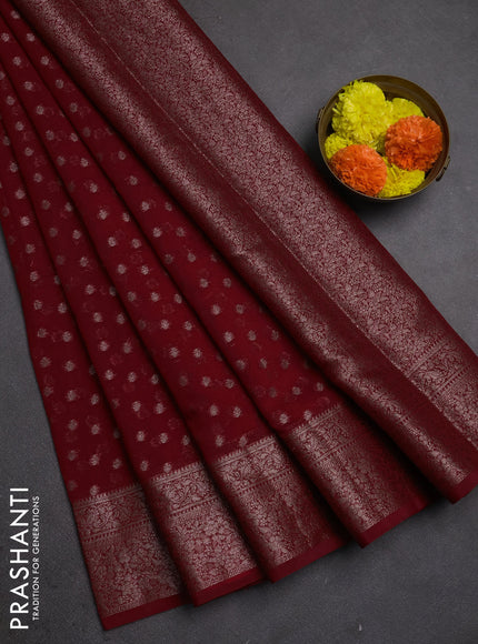 Semi chiniya silk saree red with allover thread & zari woven buttas and woven border