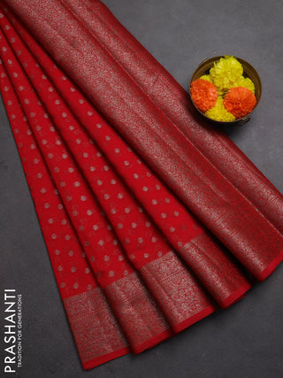 Semi chiniya silk saree red with allover thread & zari woven buttas and woven border
