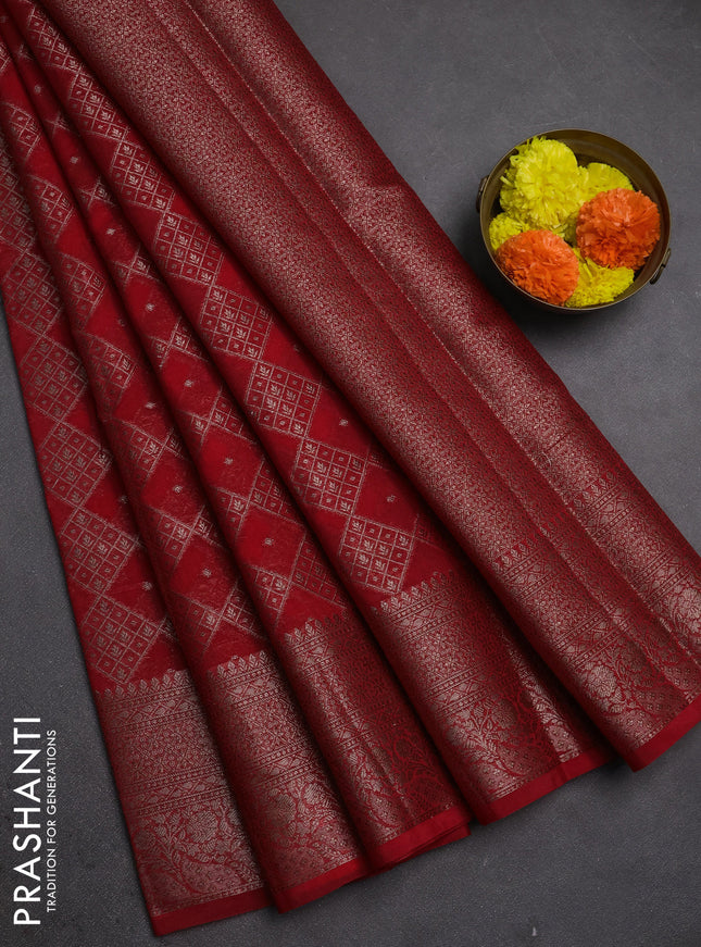 Semi chiniya silk saree red with allover thread & zari weaves and woven border