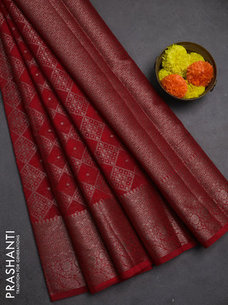 Semi chiniya silk saree red with allover thread & zari weaves and woven border