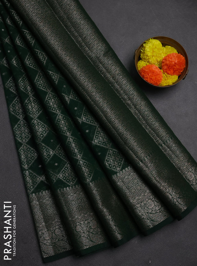 Semi chiniya silk saree bottle green with allover thread & zari weaves and woven border