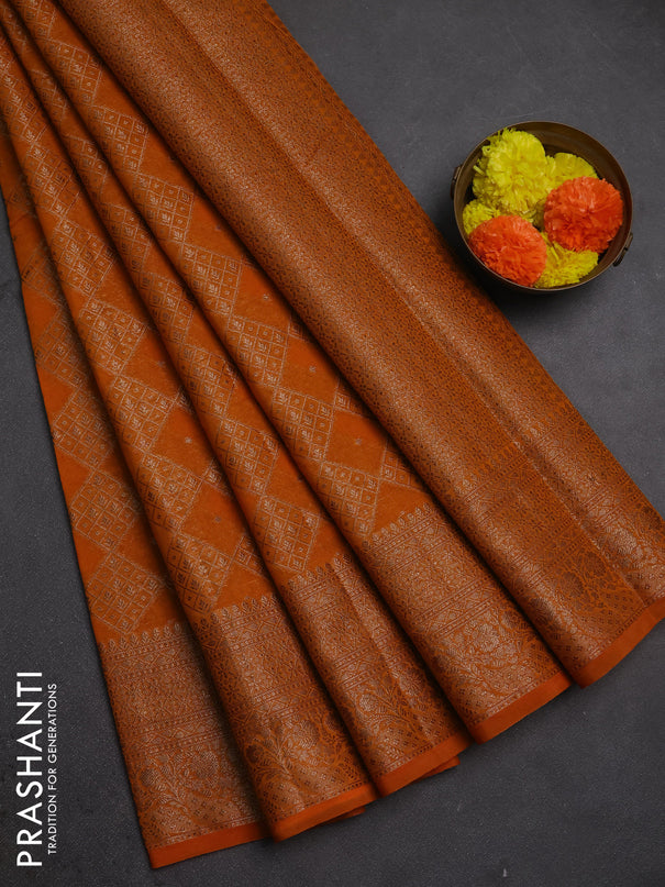 Semi chiniya silk saree mango yellow with allover thread & zari weaves and woven border