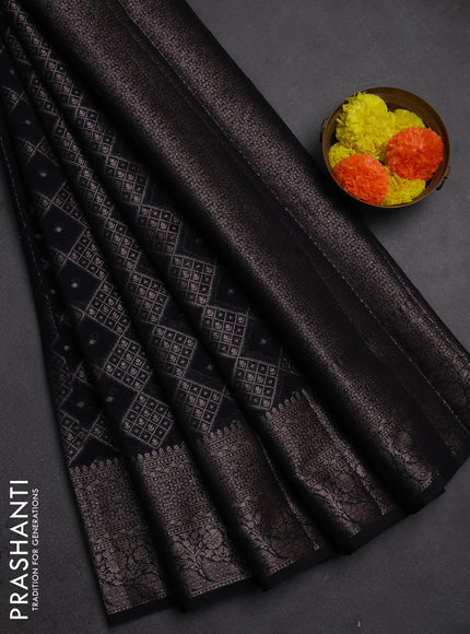 Semi chiniya silk saree black with allover thread & zari weaves and woven border