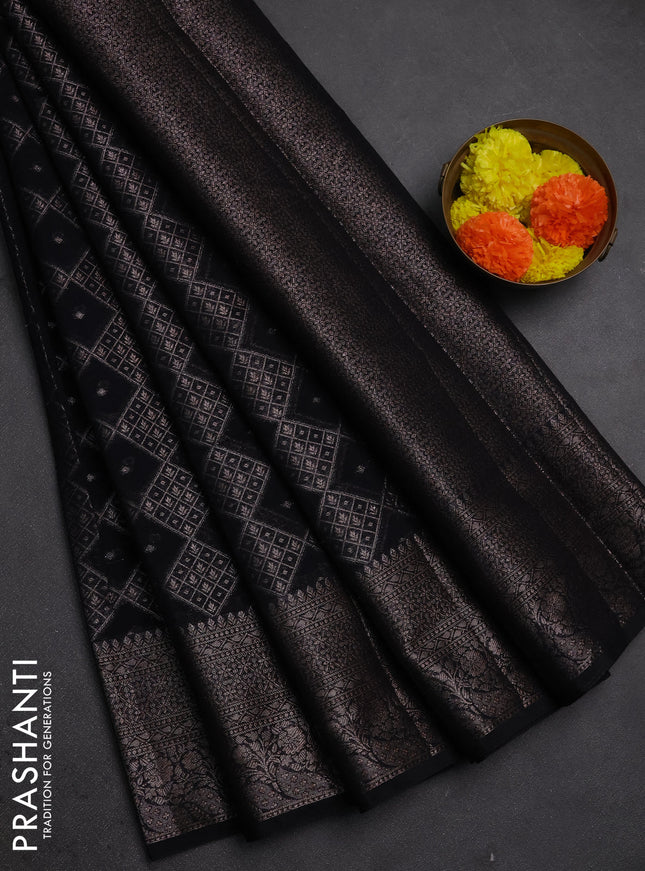 Semi chiniya silk saree black with allover thread & zari weaves and woven border
