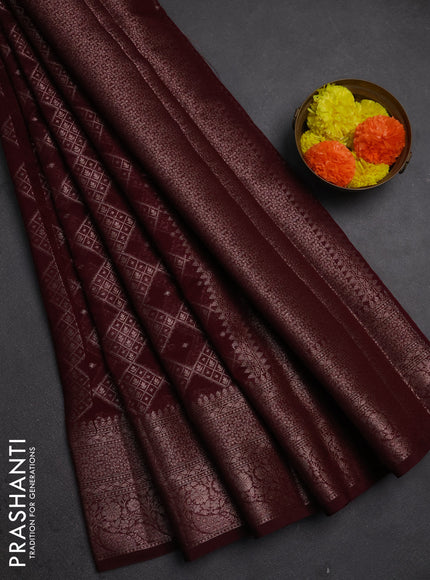 Semi chiniya silk saree wine shade with allover thread & zari weaves and woven border