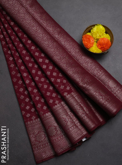Semi chiniya silk saree wine shade with allover thread & zari woven buttas and woven border