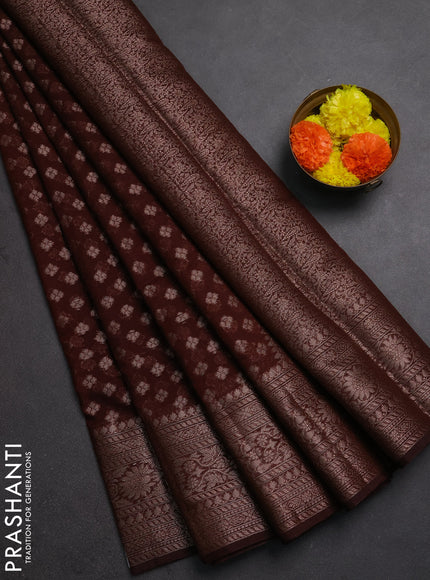 Semi chiniya silk saree coffee brown with allover thread & zari woven buttas and woven border