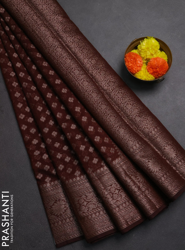 Semi chiniya silk saree coffee brown with allover thread & zari woven buttas and woven border