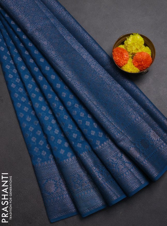 Semi chiniya silk saree peacock blue with allover thread & zari woven buttas and woven border