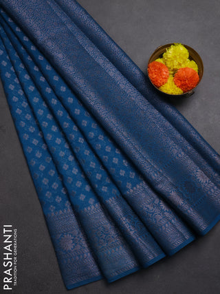 Semi chiniya silk saree peacock blue with allover thread & zari woven buttas and woven border