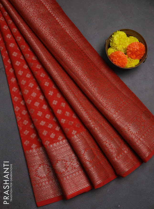 Semi chiniya silk saree orange with allover thread & zari woven buttas and woven border