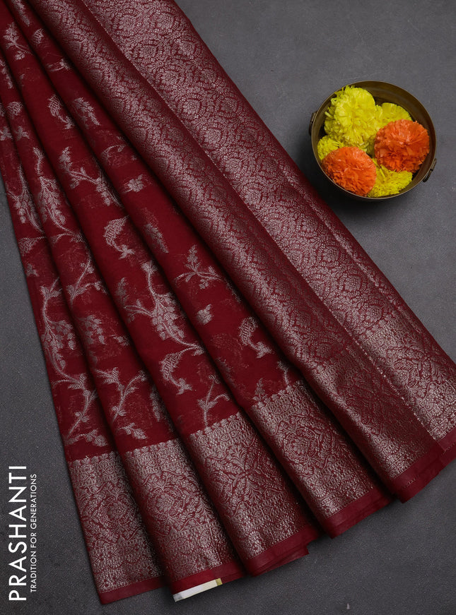 Semi chiniya silk saree red with allover thread & zari weaves and woven border