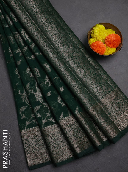 Semi chiniya silk saree bottle green with allover thread & zari weaves and woven border