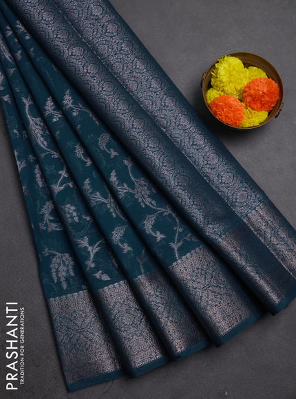 Semi chiniya silk saree peacock blue with allover thread & zari weaves and woven border
