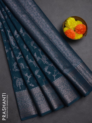 Semi chiniya silk saree peacock blue with allover thread & zari weaves and woven border