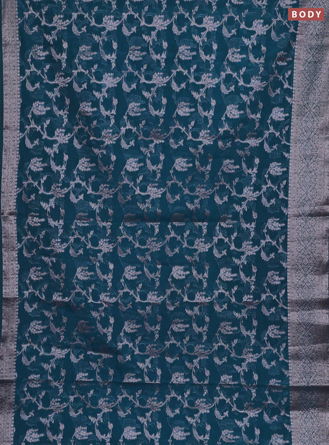 Semi chiniya silk saree peacock blue with allover thread & zari weaves and woven border
