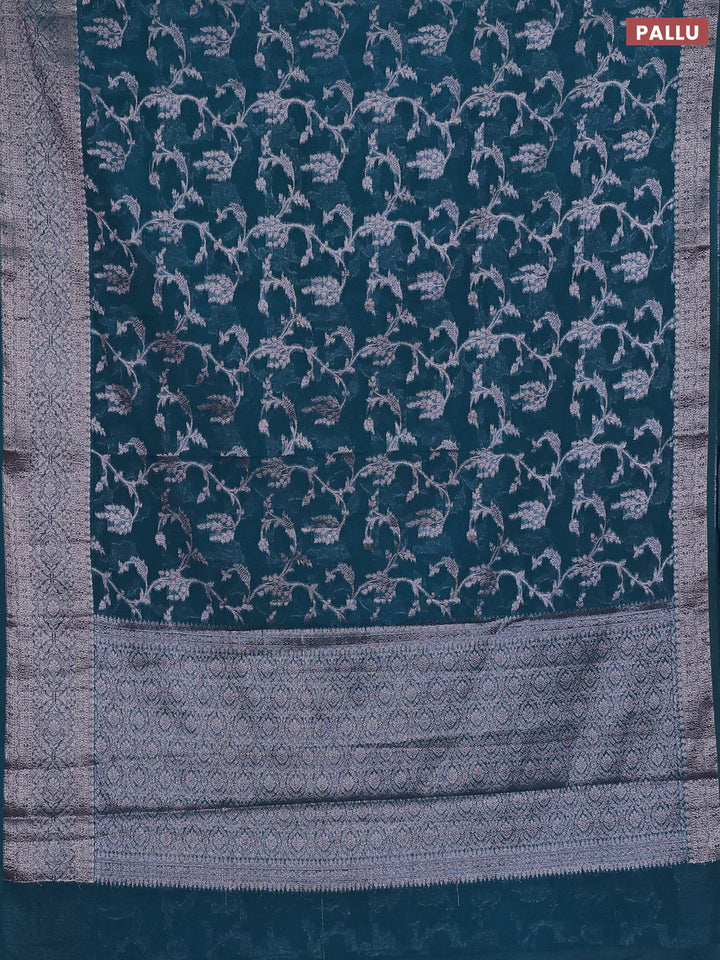 Semi chiniya silk saree peacock blue with allover thread & zari weaves and woven border