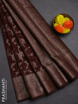 Semi chiniya silk saree coffee brown with allover thread & zari weaves and woven border