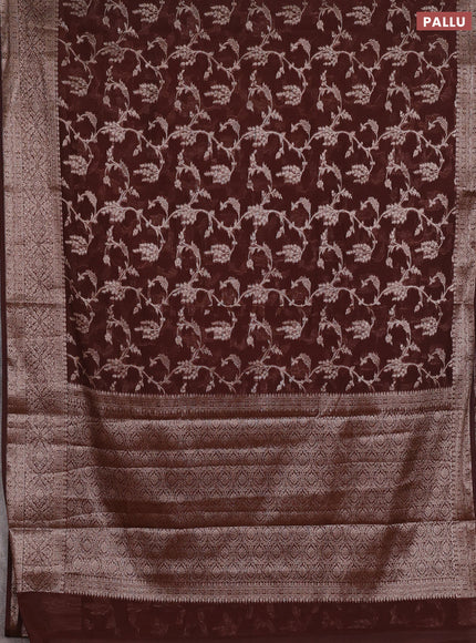 Semi chiniya silk saree coffee brown with allover thread & zari weaves and woven border