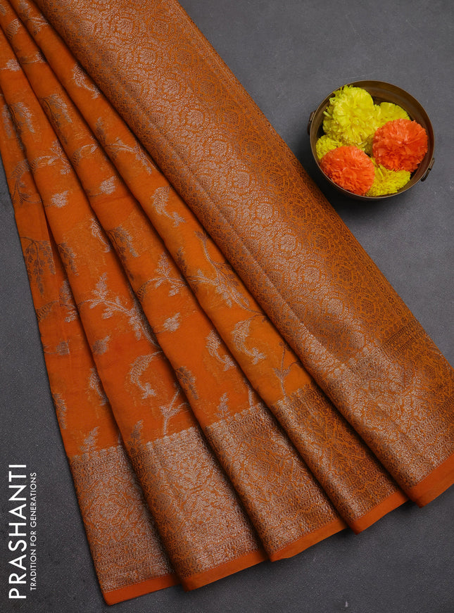 Semi chiniya silk saree mango yellow with allover thread & zari weaves and woven border