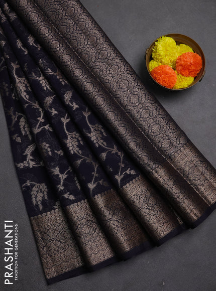 Semi chiniya silk saree navy blue with allover thread & zari weaves and woven border