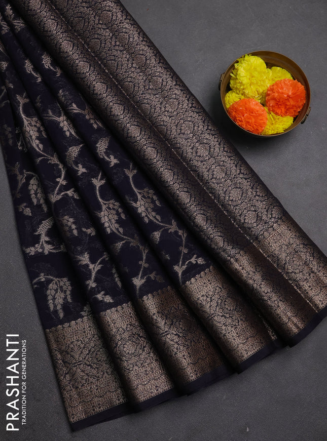 Semi chiniya silk saree navy blue with allover thread & zari weaves and woven border