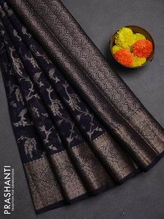 Semi chiniya silk saree navy blue with allover thread & zari weaves and woven border