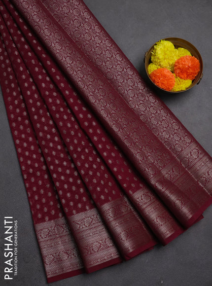 Semi chiniya silk saree wine shade with allover thread & zari woven buttas and woven border