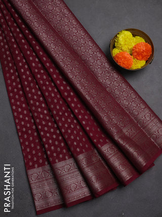 Semi chiniya silk saree wine shade with allover thread & zari woven buttas and woven border