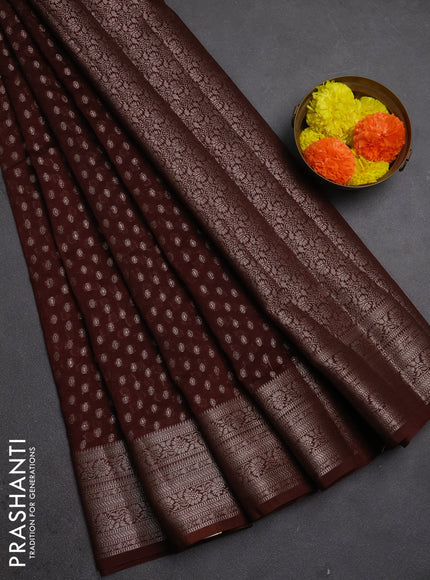 Semi chiniya silk saree coffee brown with allover thread & zari woven buttas and woven border