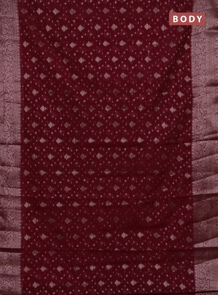 Semi chiniya silk saree wine shade with allover thread & zari woven buttas and woven border