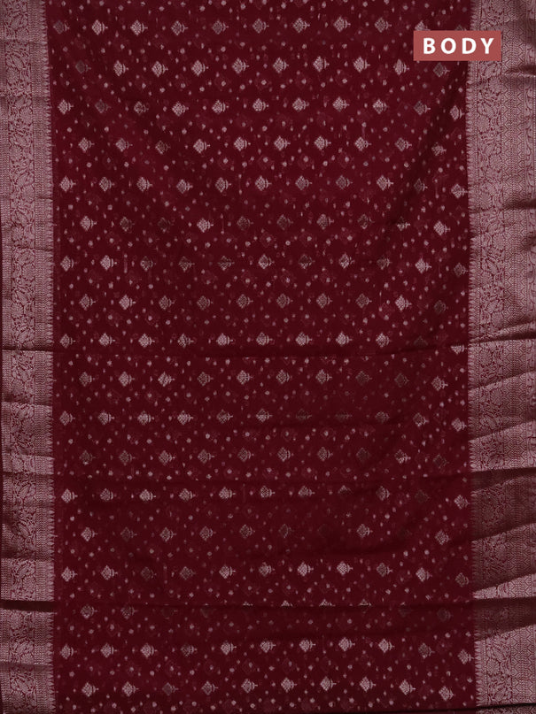Semi chiniya silk saree wine shade with allover thread & zari woven buttas and woven border