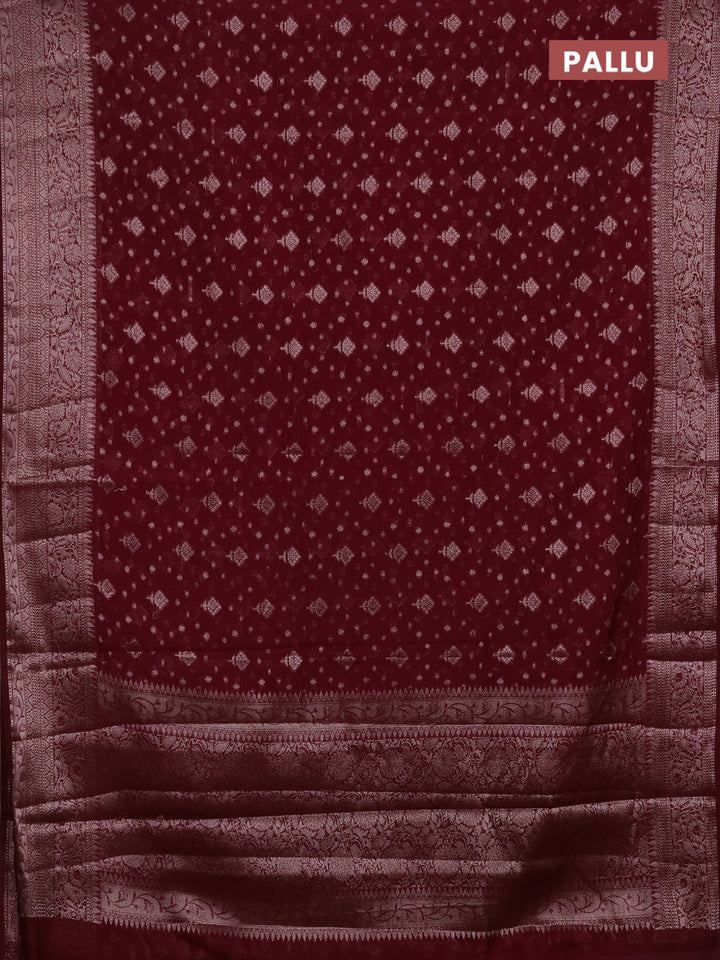 Semi chiniya silk saree wine shade with allover thread & zari woven buttas and woven border