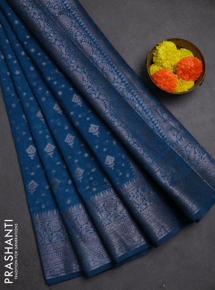 Semi chiniya silk saree peacock blue with allover thread & zari woven buttas and woven border