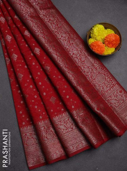 Semi chiniya silk saree red with allover thread & zari woven buttas and woven border