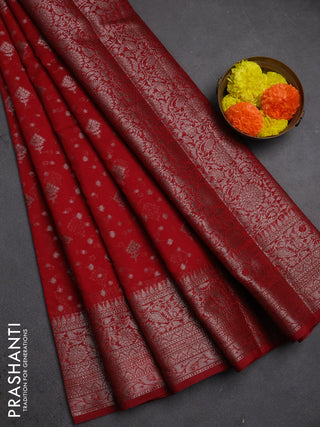 Semi chiniya silk saree red with allover thread & zari woven buttas and woven border