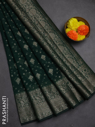 Semi chiniya silk saree bottle green with allover thread & zari woven buttas and woven border