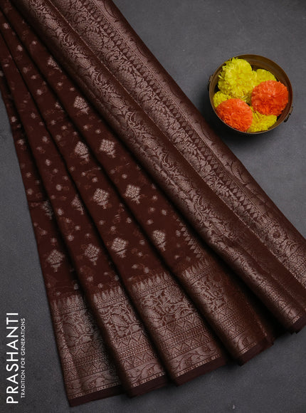 Semi chiniya silk saree coffee brown with allover thread & zari woven buttas and woven border