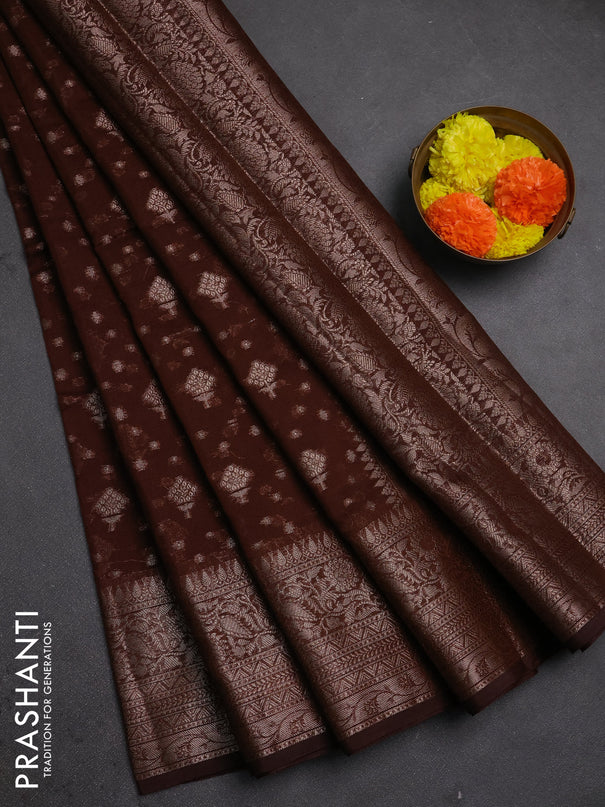 Semi chiniya silk saree coffee brown with allover thread & zari woven buttas and woven border