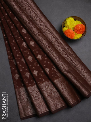 Semi chiniya silk saree coffee brown with allover thread & zari woven buttas and woven border
