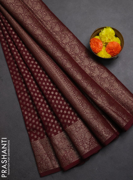 Semi chiniya silk saree deep maroon with allover thread & zari woven buttas and woven border
