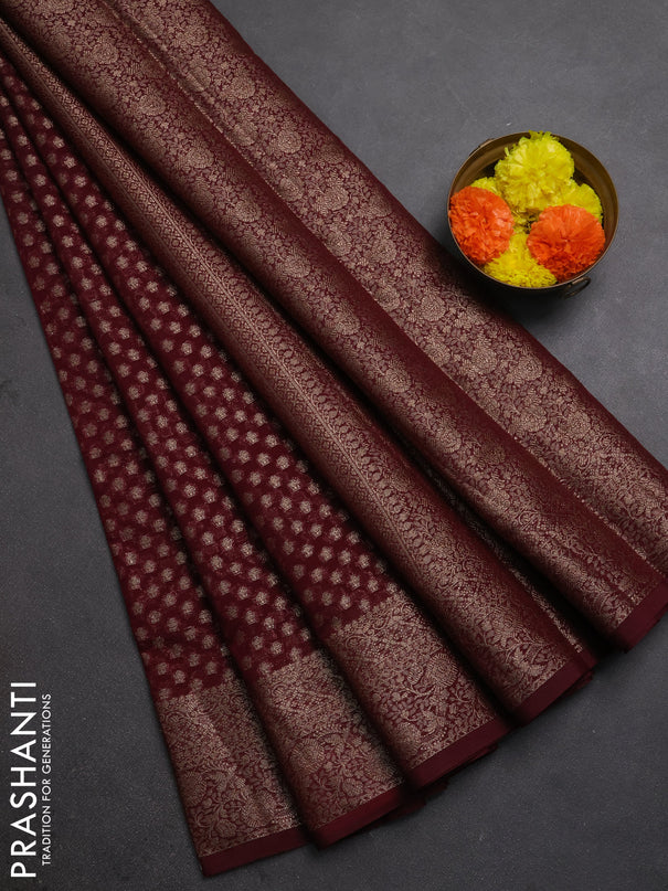 Semi chiniya silk saree deep maroon with allover thread & zari woven buttas and woven border