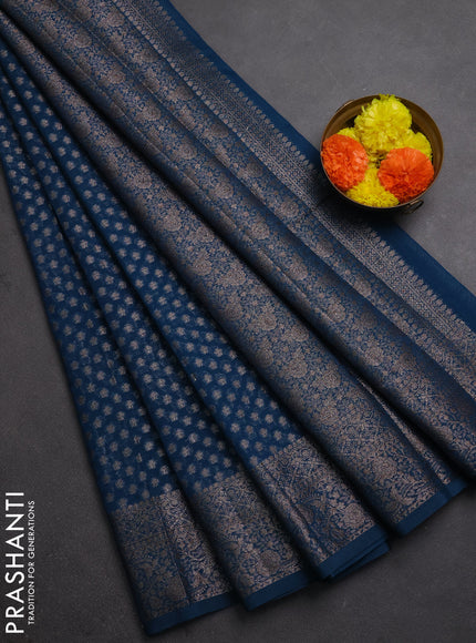 Semi chiniya silk saree peacock blue with allover thread & zari woven buttas and woven border