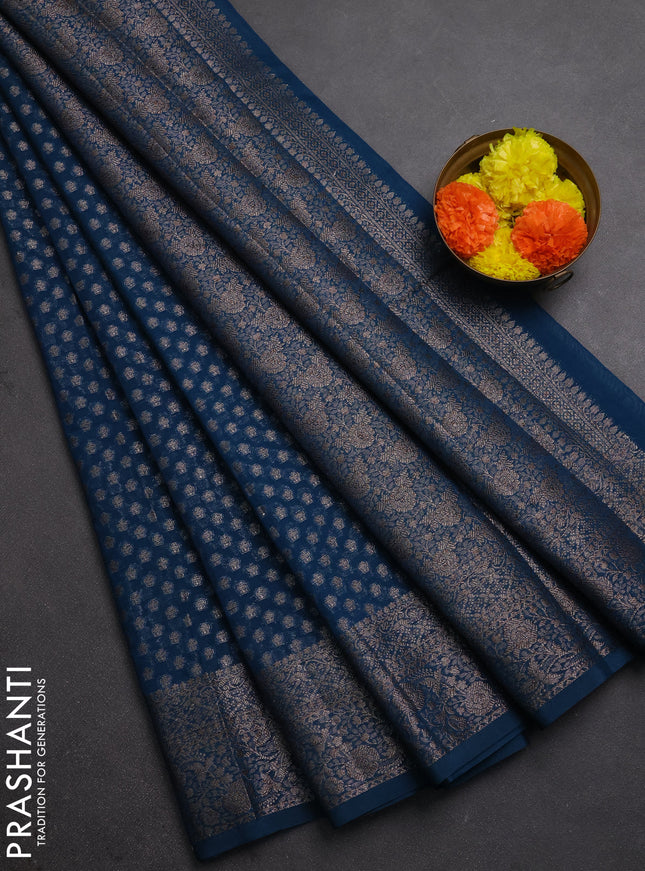 Semi chiniya silk saree peacock blue with allover thread & zari woven buttas and woven border